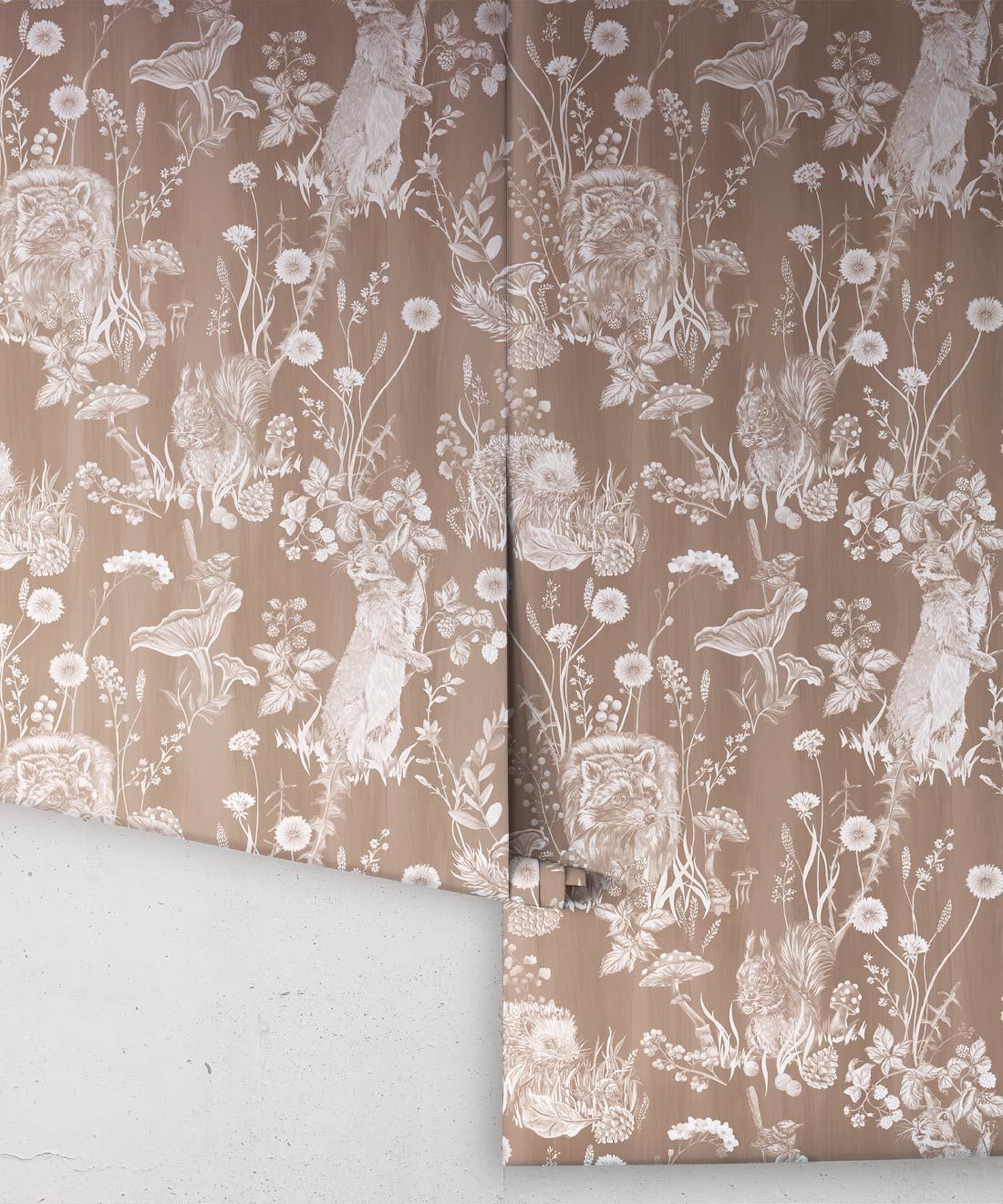 Woodland Friends Wallpaper • Forest Wallpaper with rabbits, hares, raccoons • Iryna Ruggeri • Ecru • Rolls