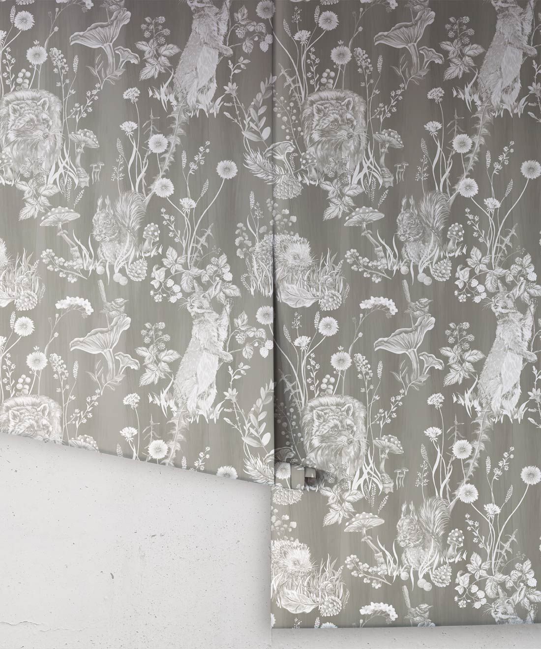Woodland Friends Wallpaper • Forest Wallpaper with rabbits, hares, raccoons • Iryna Ruggeri • Grey • Rolls