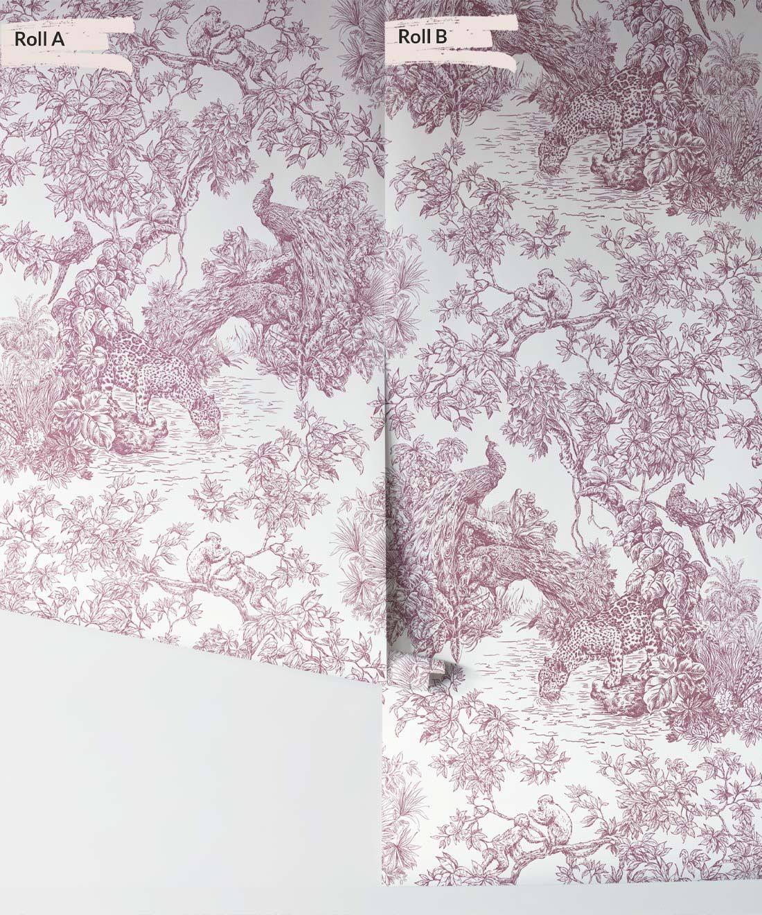 Sinharaja Wallpaper • Vintage Jungle Toile Wallpaper • Pale Rose • Rolls