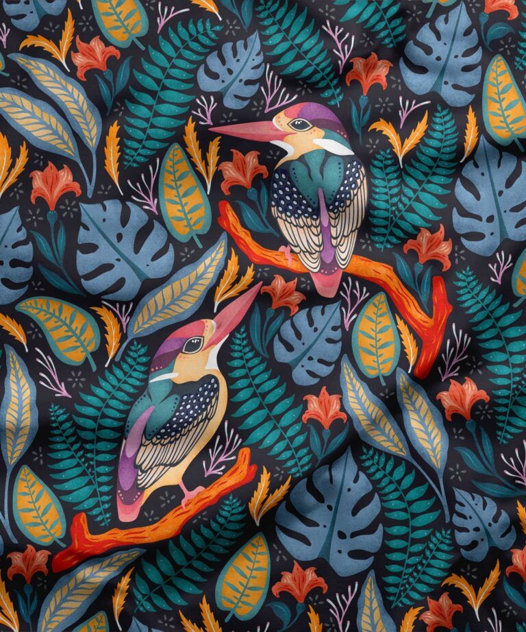 Exotic Kingfishers Fabric • Folklore & Flora • Milton & King AU