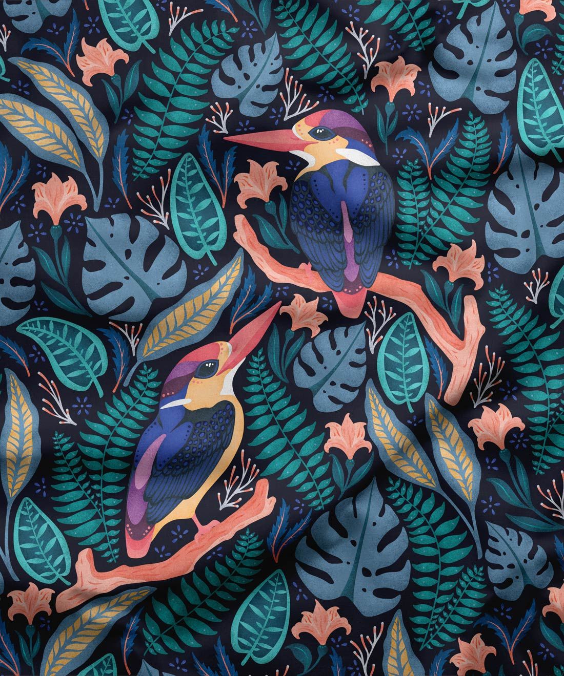 Exotic Kingfishers Fabric • Bird Fabric • Dark • Swatch