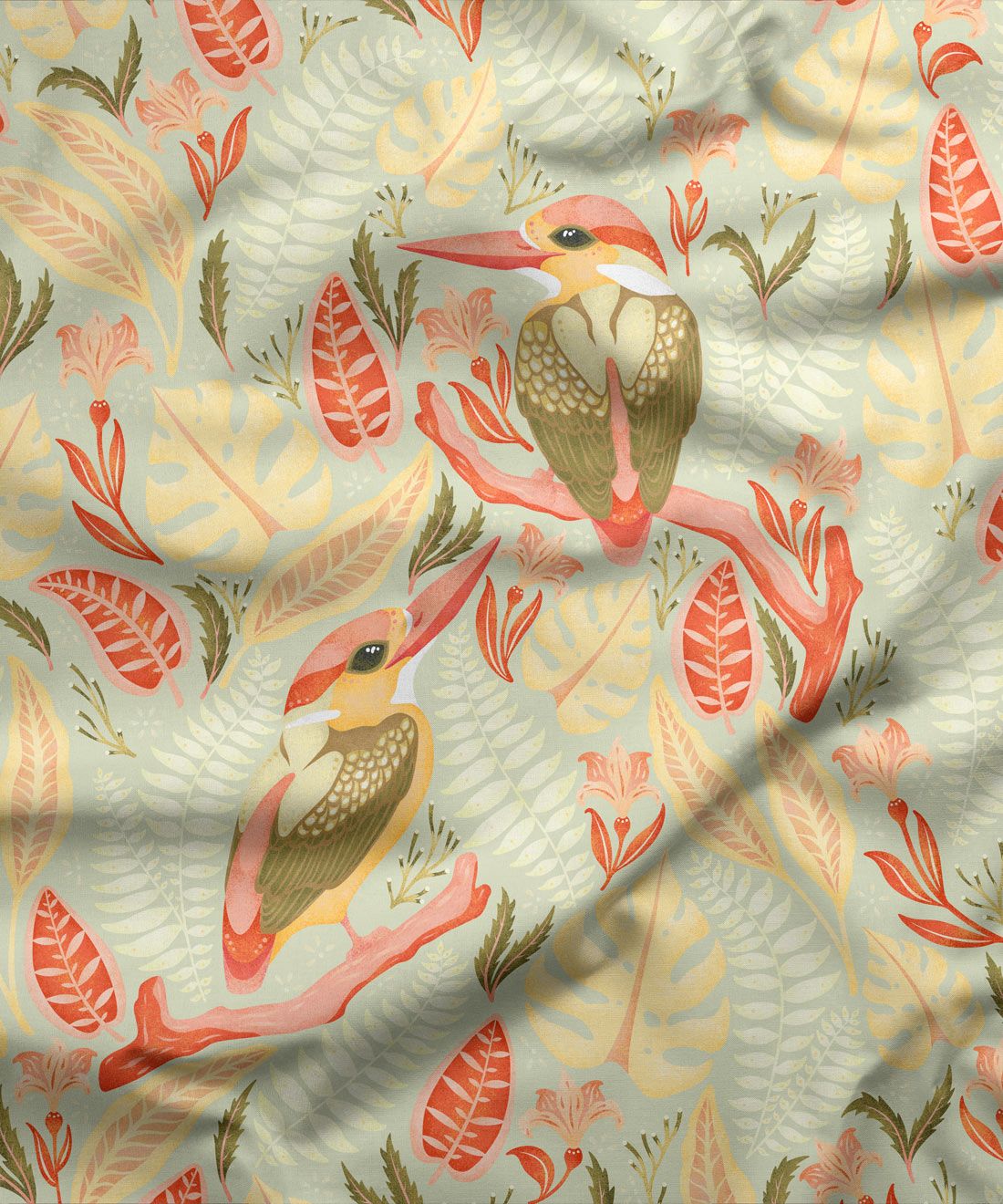 Exotic Kingfishers Fabric • Bird Fabric • Light • Swatch