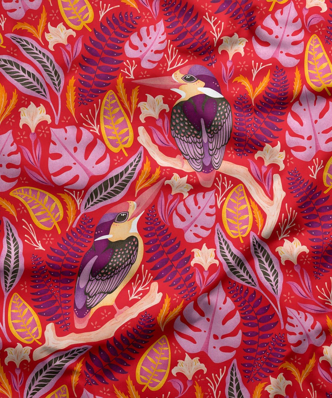 Exotic Kingfishers Fabric • Bird Fabric • Pink • Swatch