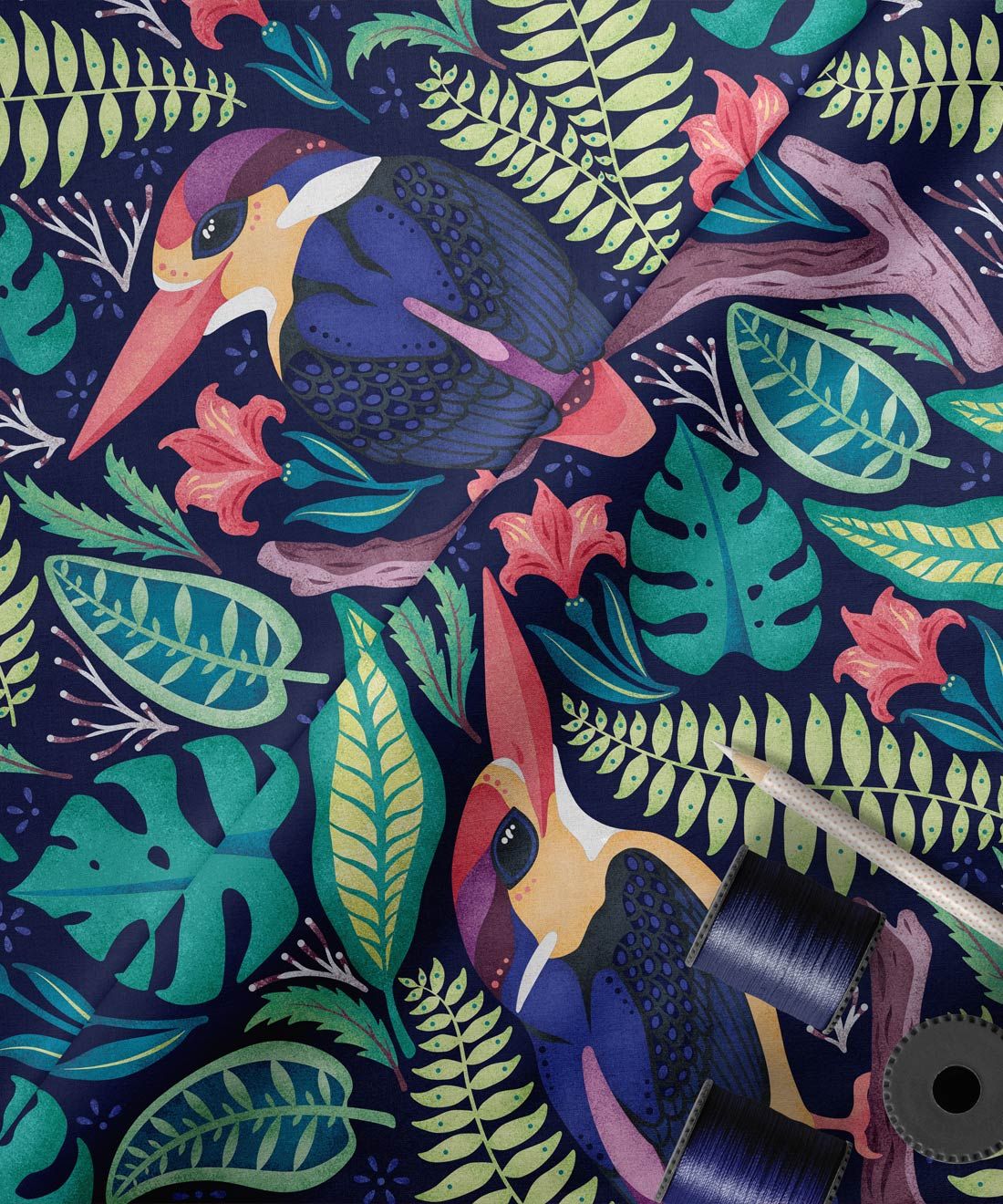 Exotic Kingfishers Fabric • Bird Fabric • Scale
