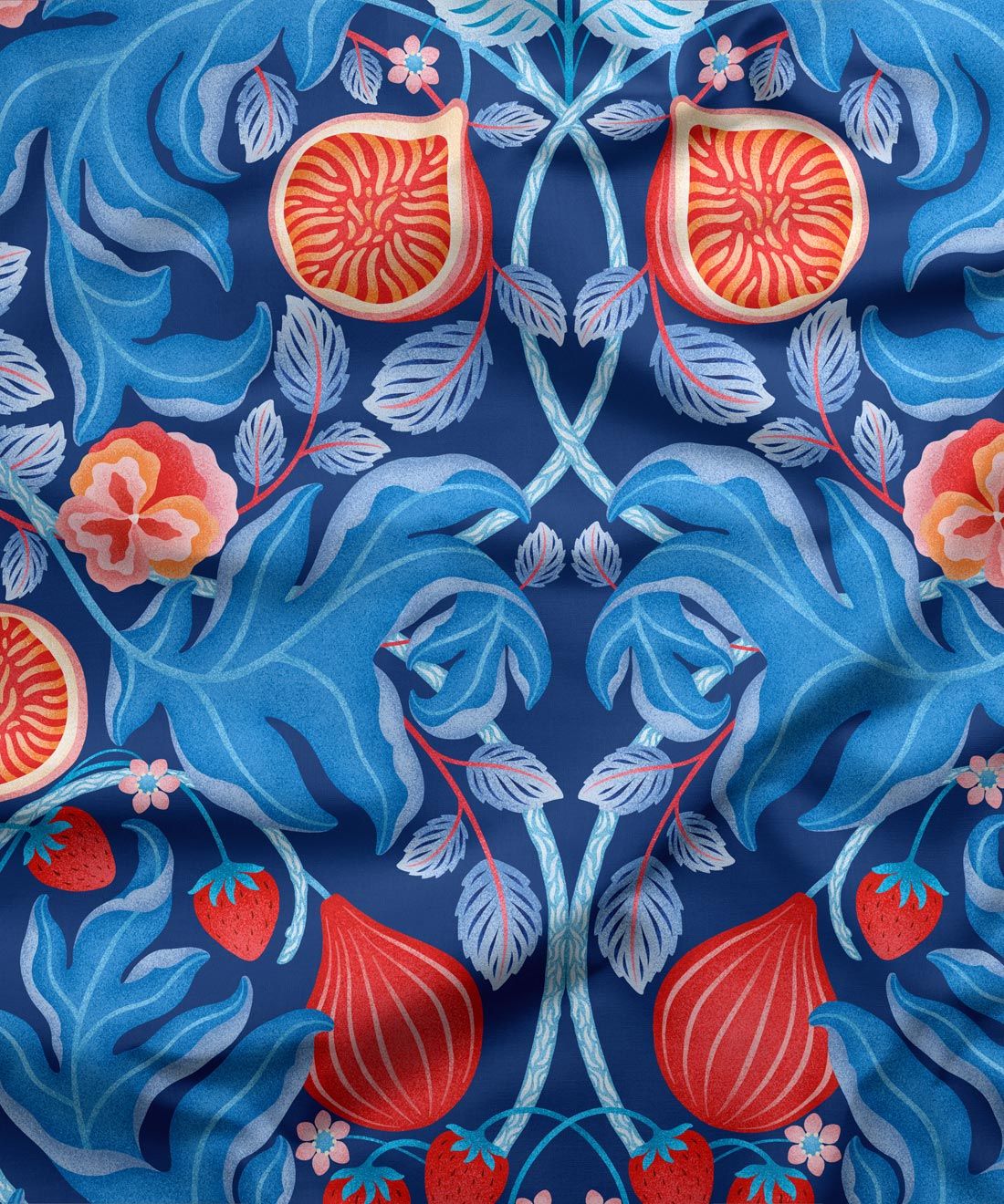Figs & Strawberries Fabric • Botanical Fabric • Blue Orange • Swatch