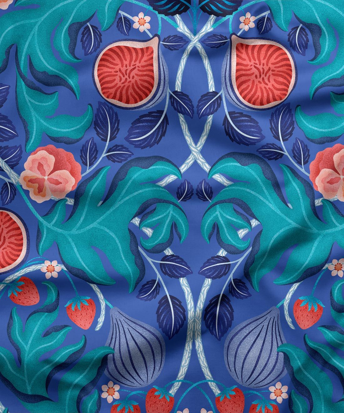 Figs & Strawberries Fabric • Botanical Fabric • Medium Blue • Swatch