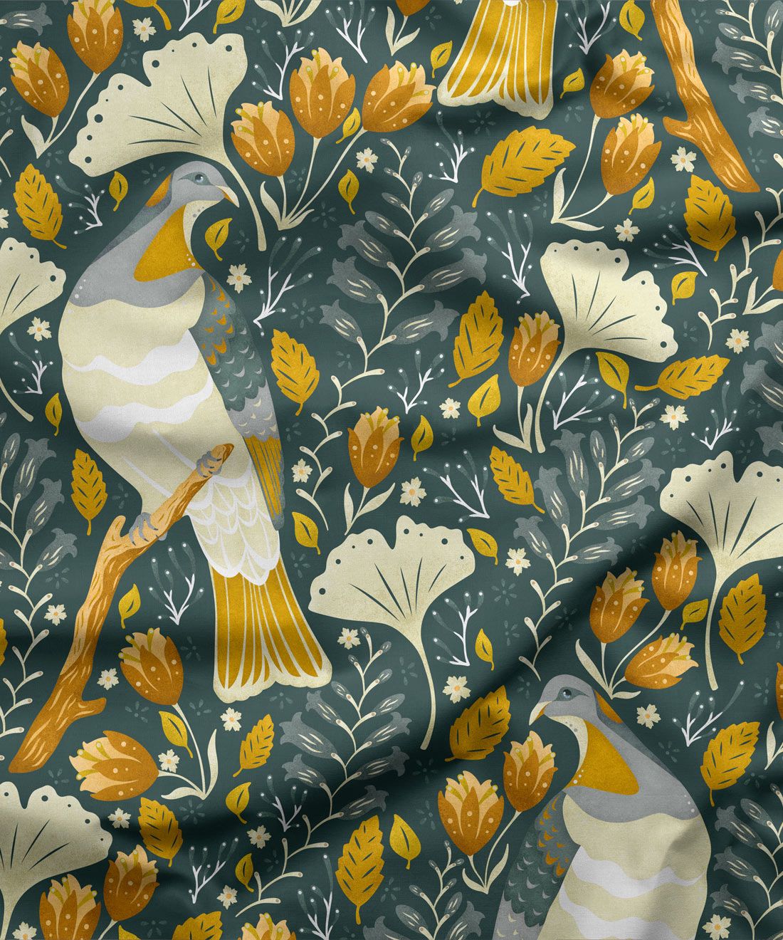Holy Kereru Fabric • Bird Fabric • Mustard Green • Swatch