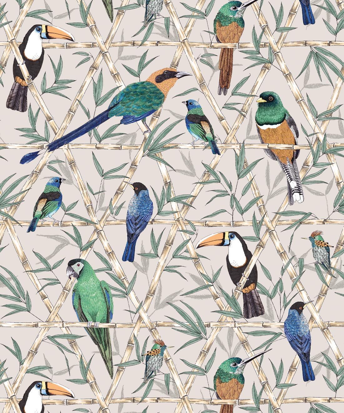 Bamboo Birds Wallpaper • Jacqueline Colley • Mushroom • Swatch