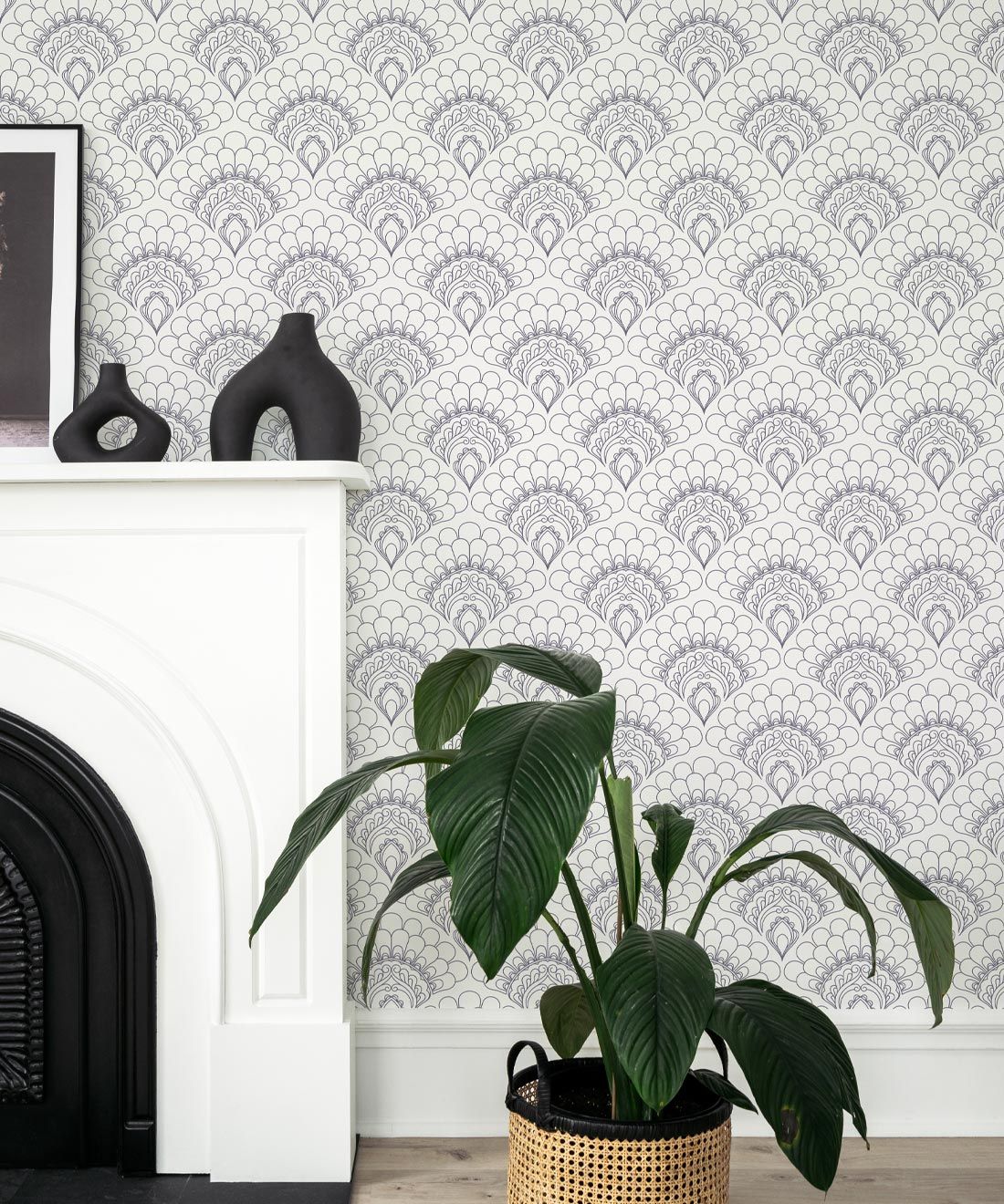 Retro Peacock Wallpaper • Art Deco • Grey • Insitu