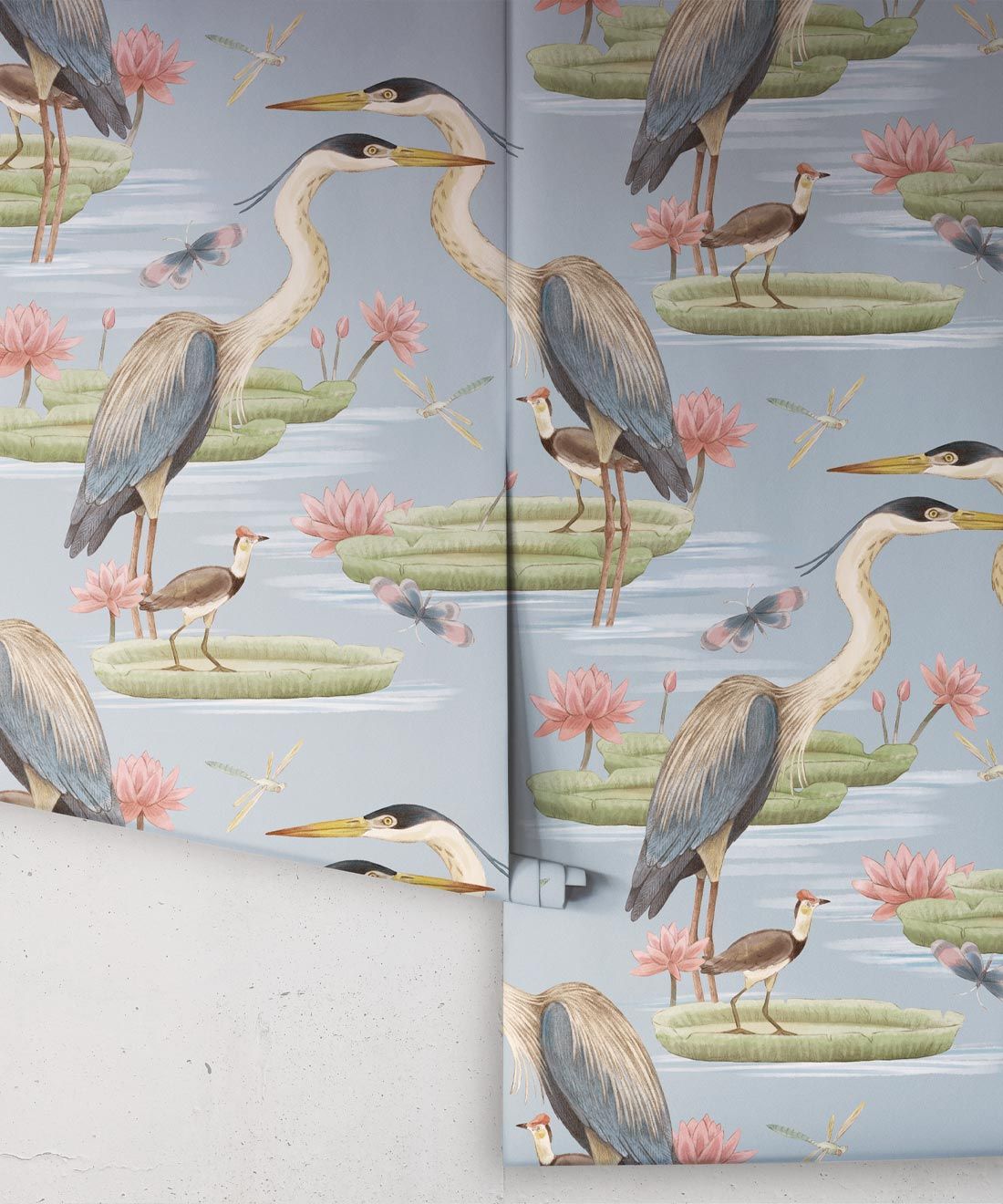 Heron Jacana Giant Lillypad Wallpaper • Muted Blue • Rolls