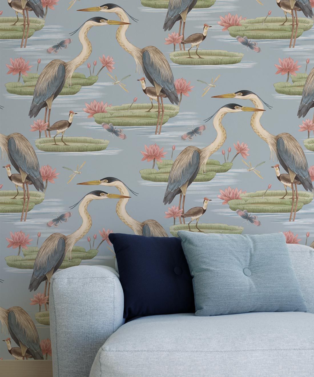 Heron Jacana Giant Lillypad Wallpaper • Muted Blue • Insitu