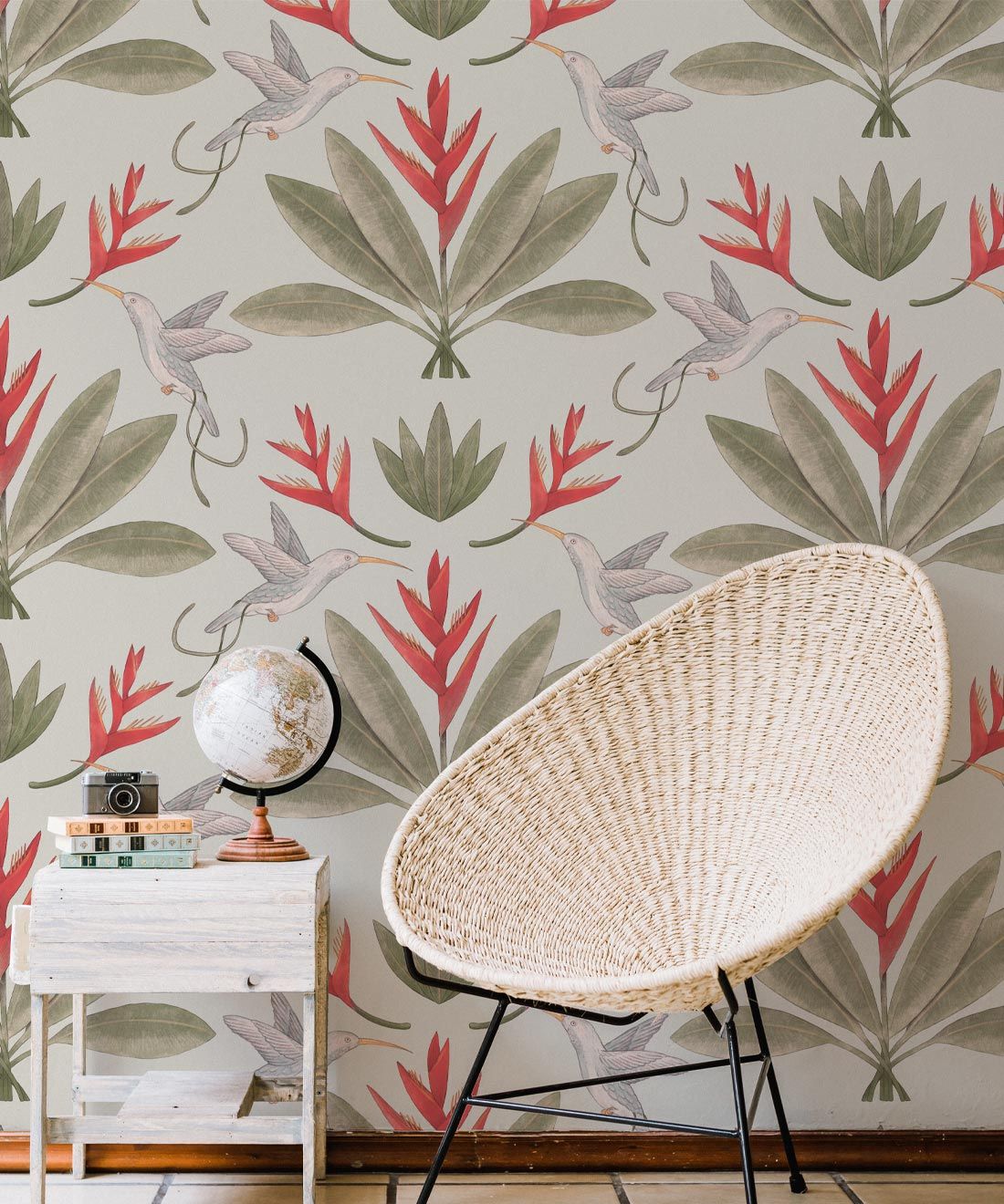 Hummingbirds & Heliconias Wallpaper • Allira Tee • Bird Wallpaper • Beige • Insitu
