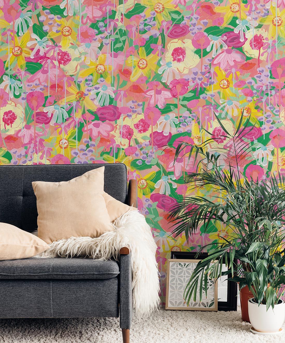 Homestead Wallpaper • Tiff Manuell • Colorful Floral Wallpaper • Insitu With sofa
