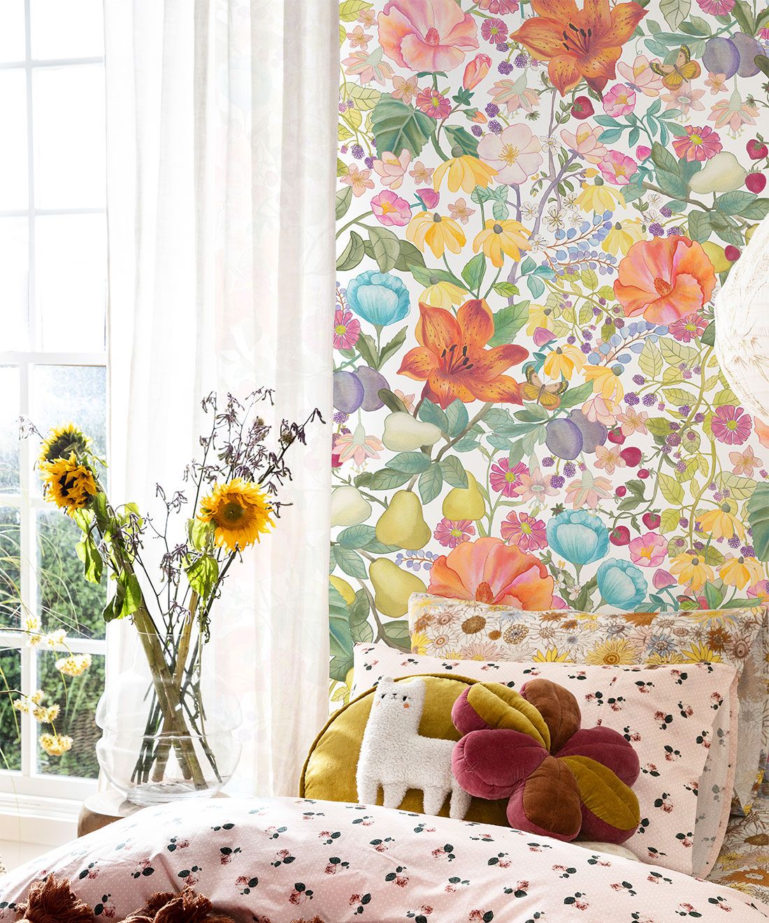 Abundance Wallpaper • Kip&Co • Colorful Floral Wallpaper • Insitu with flowers in vase