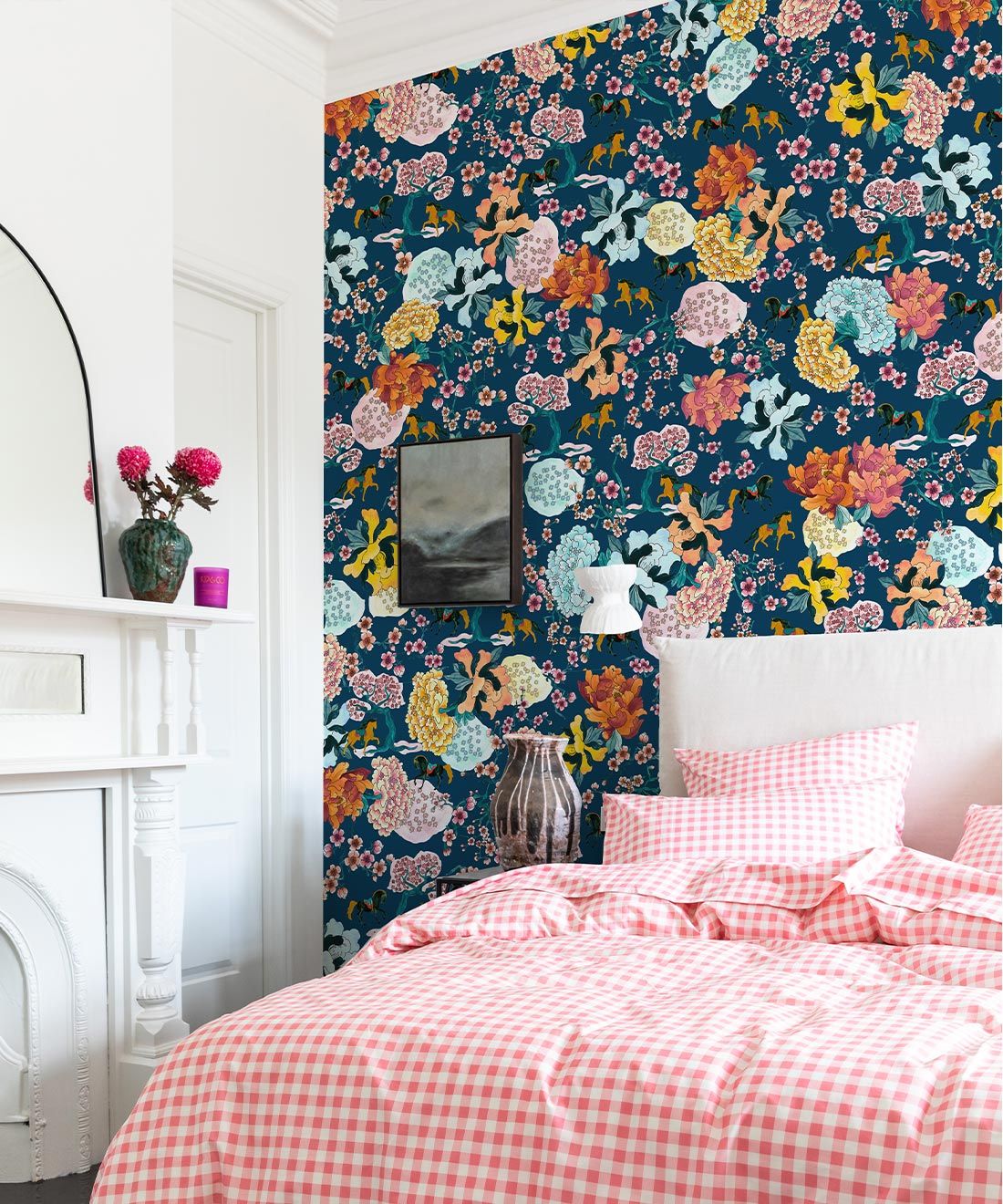 Gallop Wallpaper • Horse Wallpaper • Navy • insitu with pink bed
