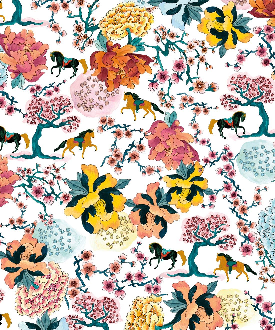 Gallop Wallpaper • Horse & floral Wallpaper • White • Swatch