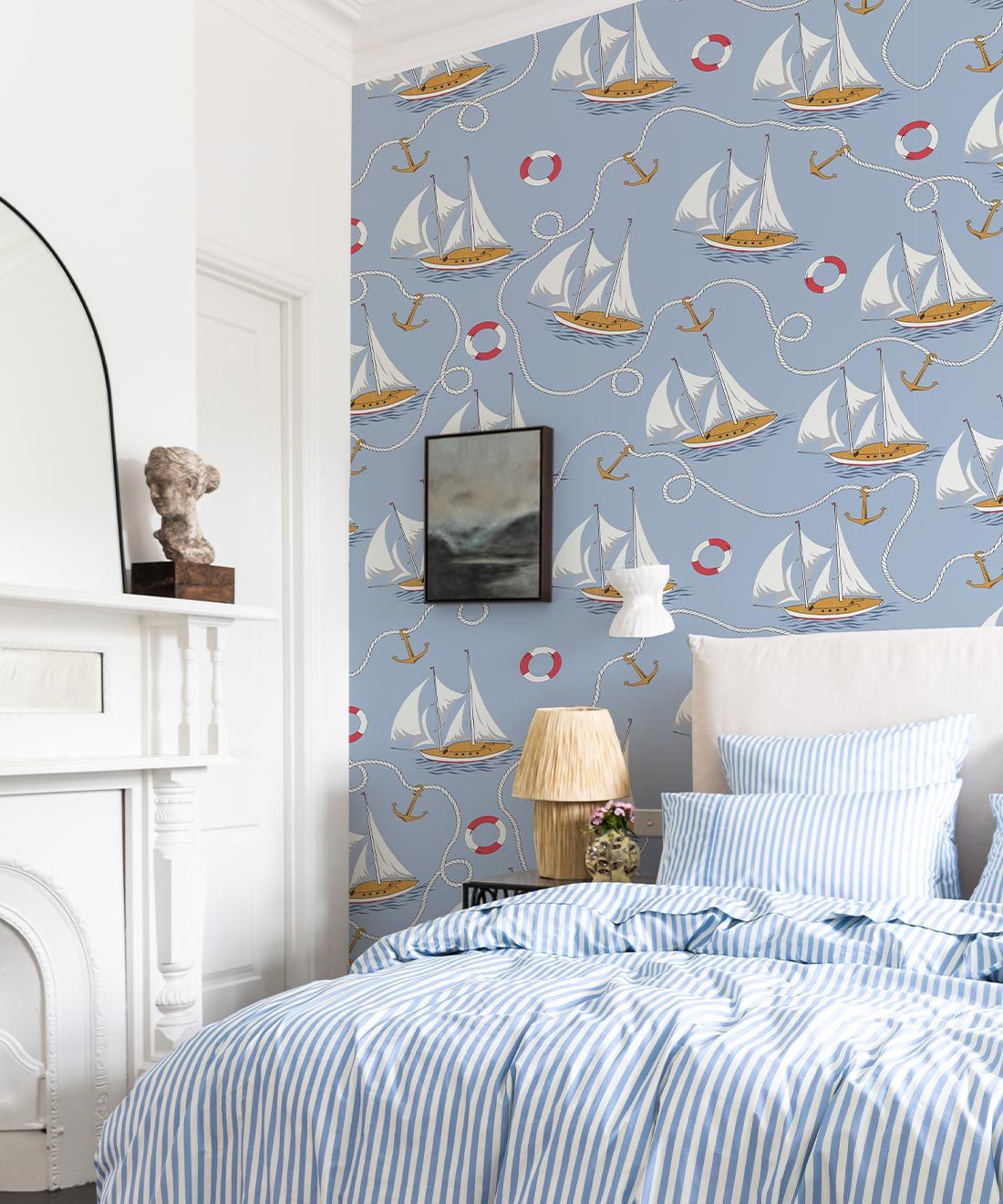 Hey Sailor Wallpaper • Kip&Co • Sailboats and Buoys • Nautical Wallpaper • Light Blue • Insitu With Blue Bed