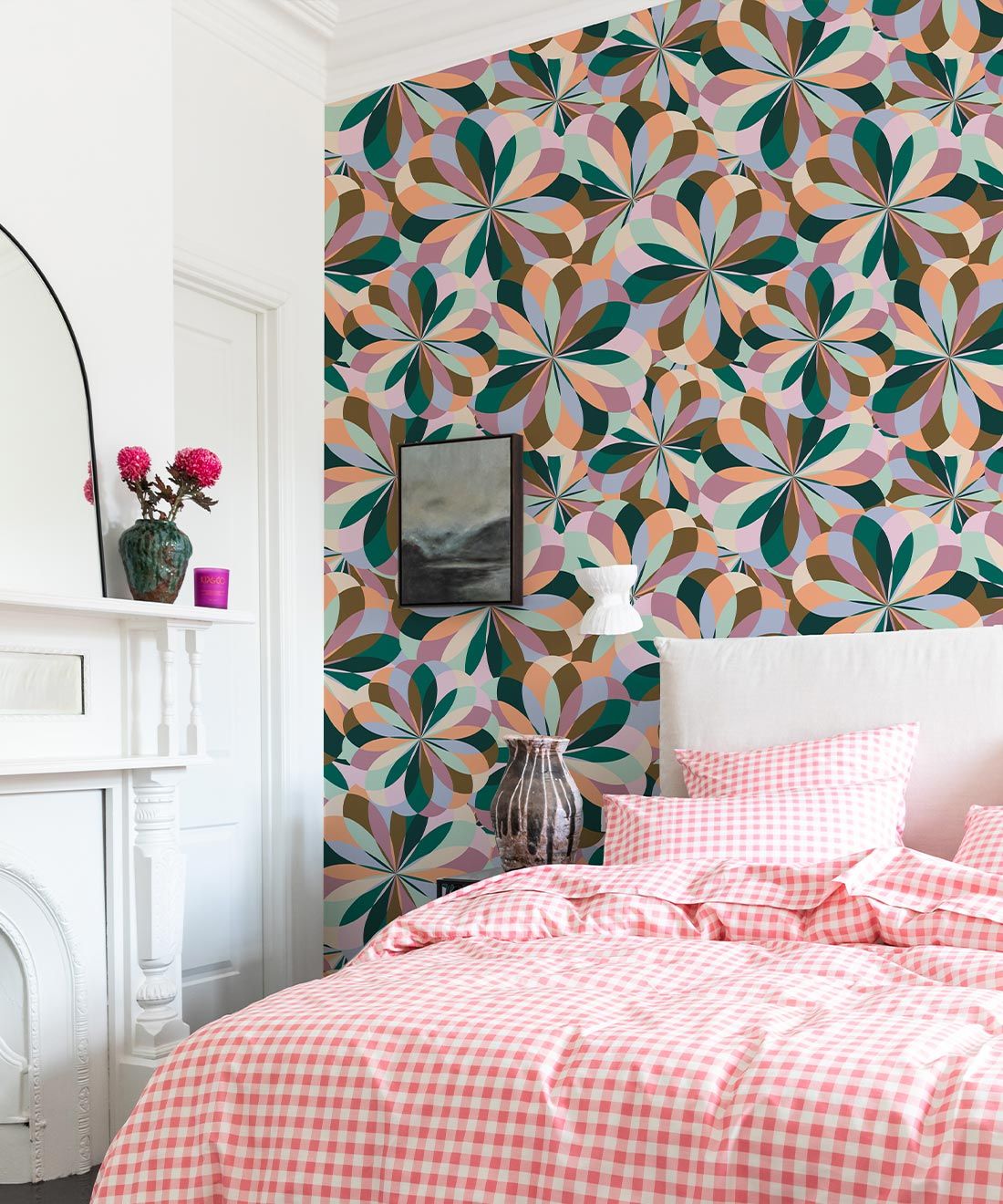 Uncommonly Splendid Wallpaper • Retro Kaleidoscope Wallpaper • Summer • Insitu with pink bedding
