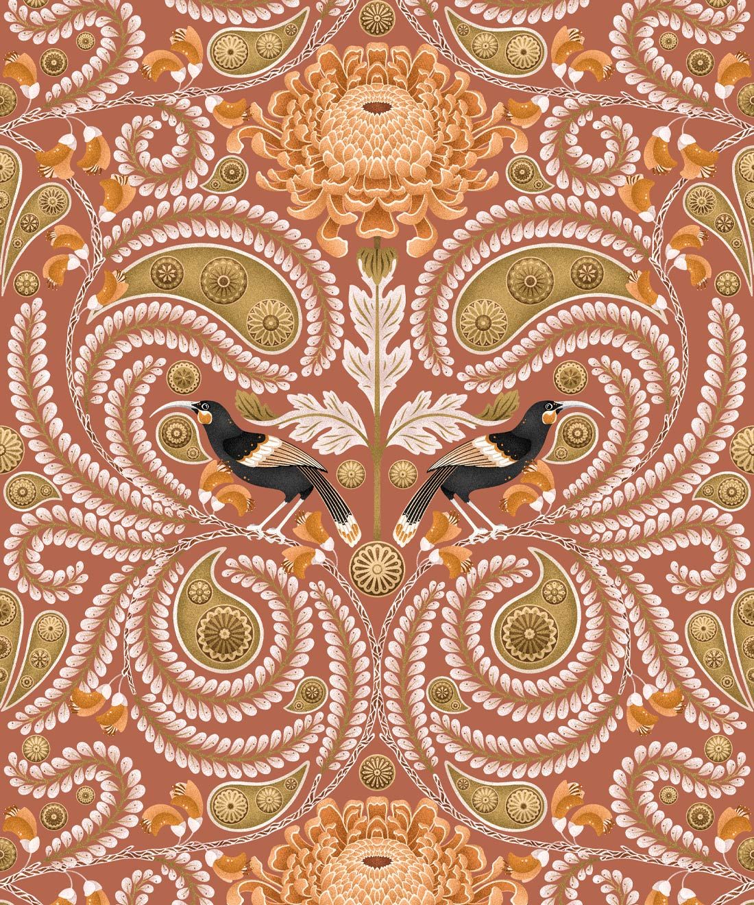 Huai & Chrysanthemums Wallpaper • Terracotta • Swatch