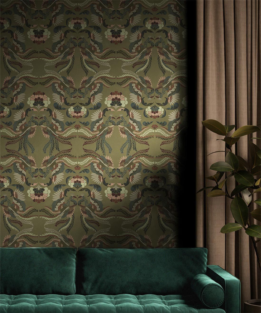 Prancing Peacock Wallpaper• Antique • Insitu