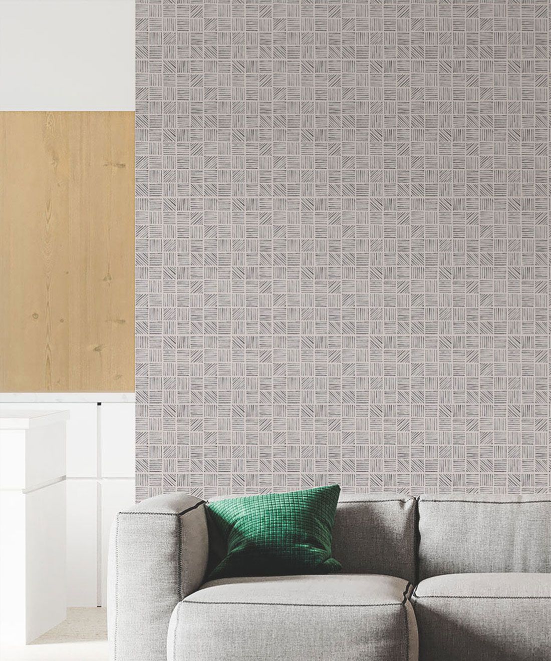 Lignes Deux Wallpaper • Charcoal Light Beige • Insitu Sofa