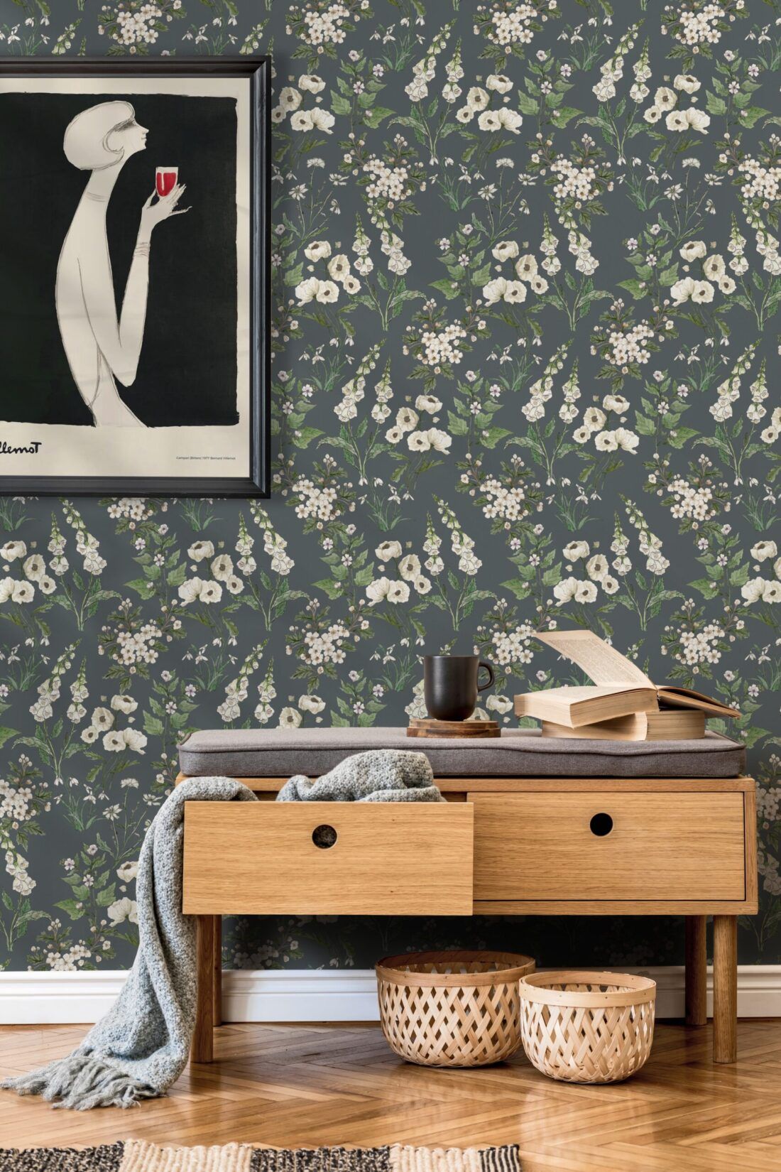 Wallpaper Republic - Floral Emporium Collection - Daisy Damask - Slate Grey - Insitu