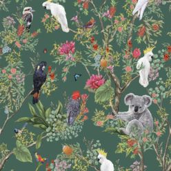 Australia Wallpaper • Cockatoos, Koalas, Parrots, Finches • Milton & King UK • Green Wallpaper Swatch