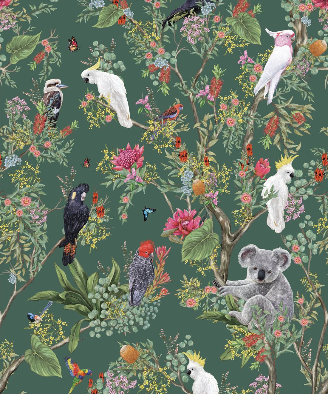 Australia Wallpaper • Cockatoos, Koalas, Parrots, Finches • Milton & King UK • Green Wallpaper Swatch