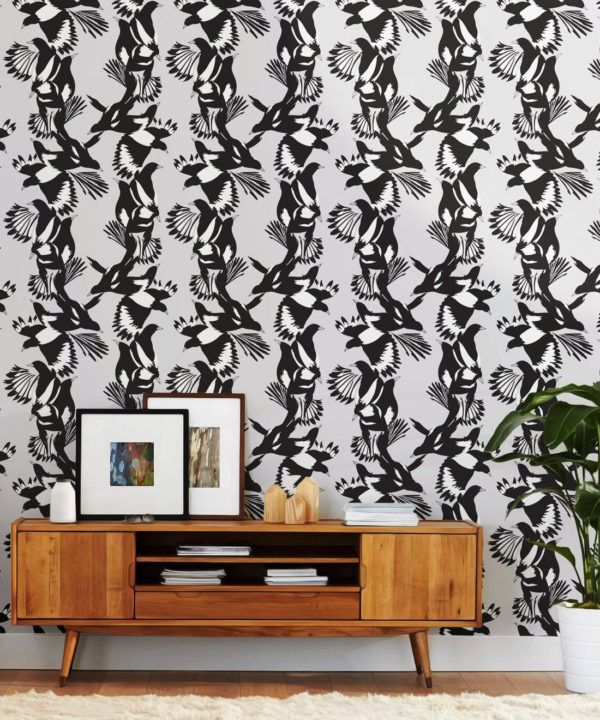 Magpie Wallpaper • Milton & King • Kingdom Home • Bird Wallpaper • Black & White Insitu