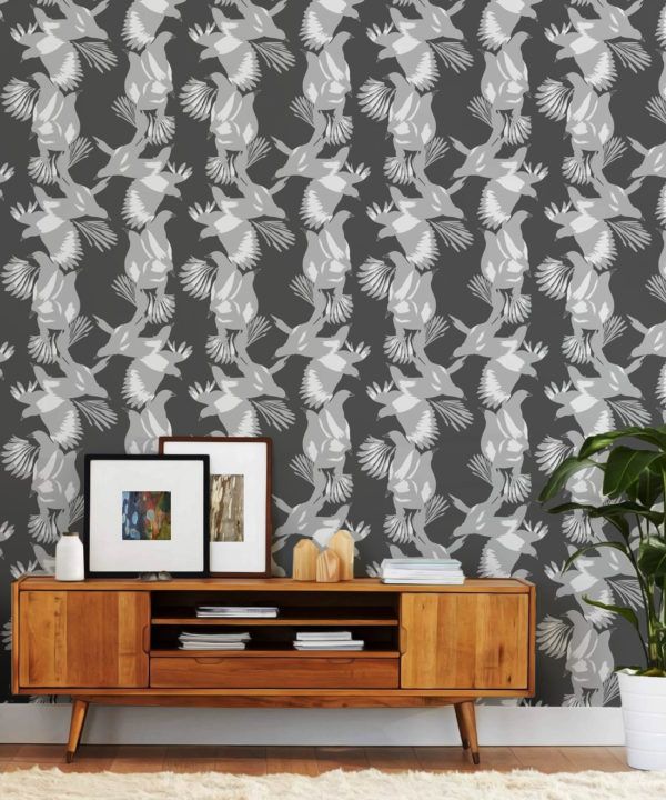 Magpie Wallpaper • Milton & King • Kingdom Home • Bird Wallpaper • Slate Insitu