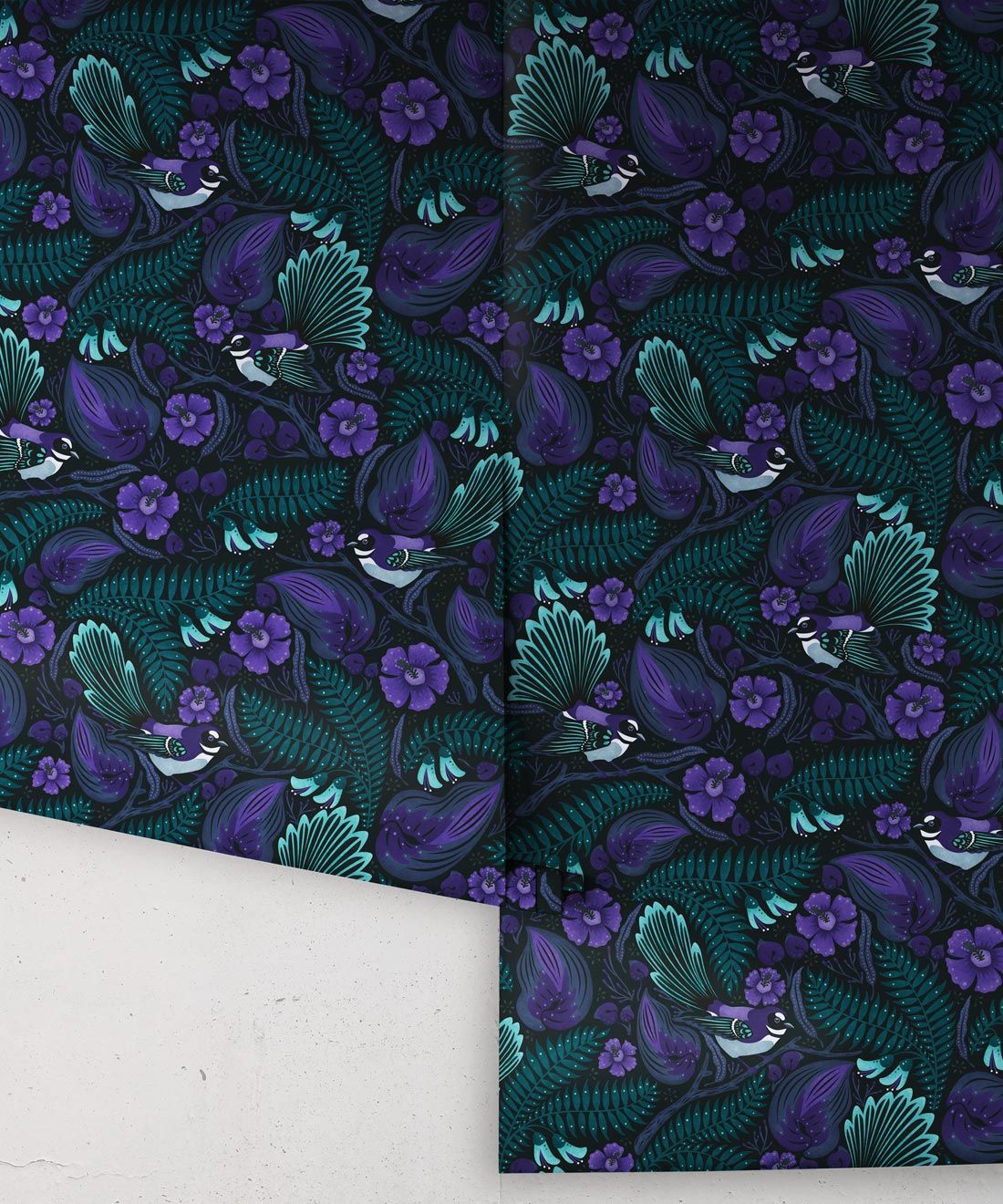 Faintails Wallpaper • New Zealand • Bird Wallpaper • Kowhai Tree • Kowhai Flowers • Dark Purple Blue Wallpaper • Midnight Colorway • Wallpaper Rolls
