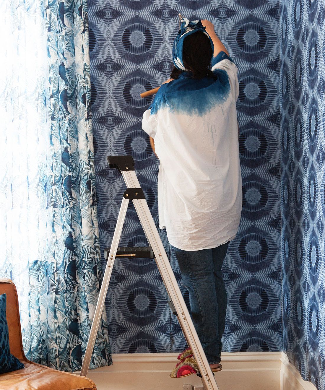 Aztec Suns Wallpaper Indigo Blue • Shibori Geometric • Wallpaper Installation