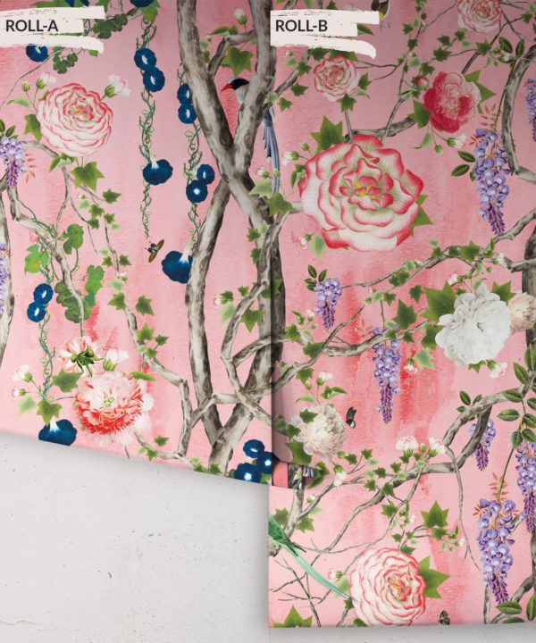 Empress Wallpaper • Romantic Wallpaper • Floral Wallpaper • Chinoiserie Wallpaper • Coral colour wallpaper rolls
