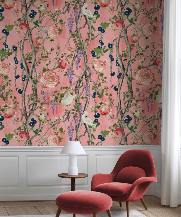 Empress Wallpaper • Romantic Wallpaper • Floral Wallpaper • Chinoiserie Wallpaper • Coral colour wallpaper insitu