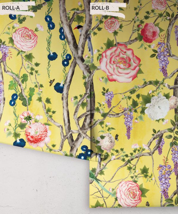 Empress Wallpaper • Romantic Wallpaper • Floral Wallpaper • Chinoiserie Wallpaper • Honey Yellow colour wallpaper rolls