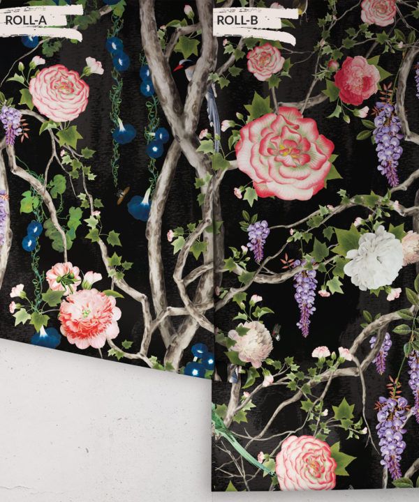 Empress Wallpaper • Romantic Wallpaper • Floral Wallpaper • Chinoiserie Wallpaper • Night Black colour wallpaper rolls