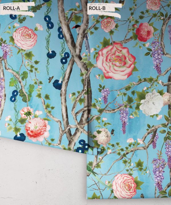 Empress Wallpaper • Romantic Wallpaper • Floral Wallpaper • Chinoiserie Wallpaper • Sky Blue colour wallpaper rolls