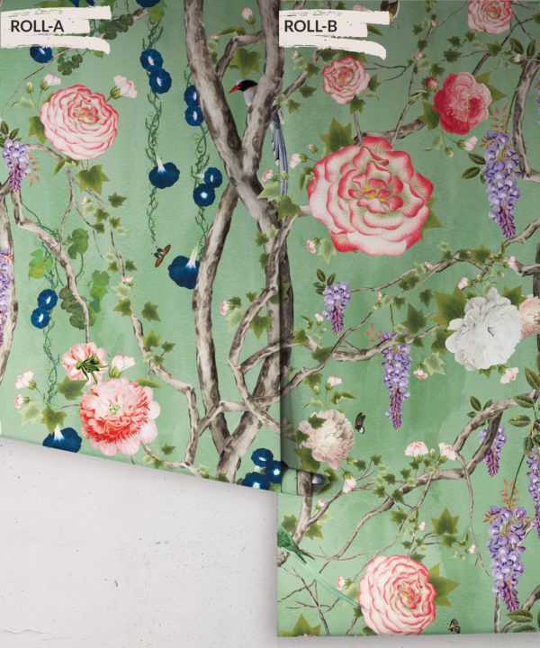 Empress Wallpaper • Romantic Wallpaper • Floral Wallpaper • Chinoiserie Wallpaper • Tea Garden Green colour wallpaper rolls