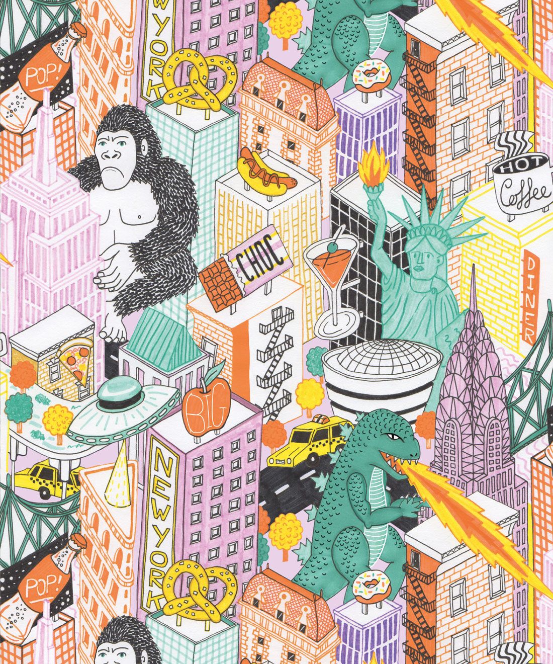 New York Wallpaper by Jacqueline Colley featuring Godzilla, King Kong, a UFO, buildings and the statue of liberty swatch