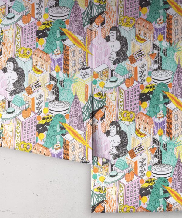 New York Wallpaper by Jacqueline Colley featuring Godzilla, King Kong, a UFO, buildings and the statue of liberty rolls