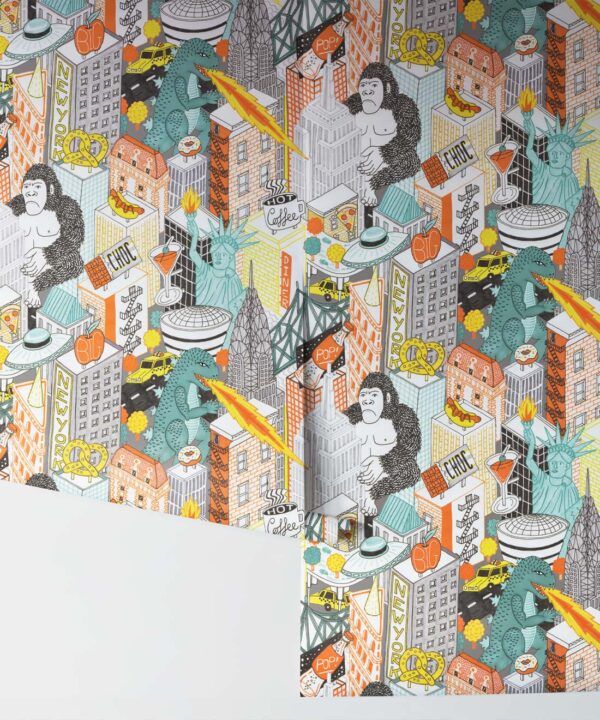 New York City Wallpaper by Jacqueline Colley featuring Godzilla, King Kong, a UFO, buildings and the statue of liberty • Grey • Rolls