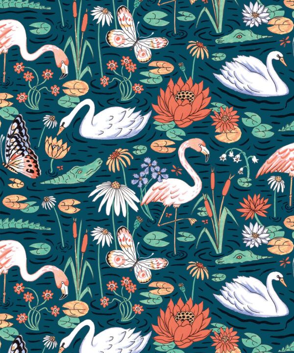 Pond Pattern Wallpaper featuring alligators, swans, flamingos and lily pads • Dark •swatch