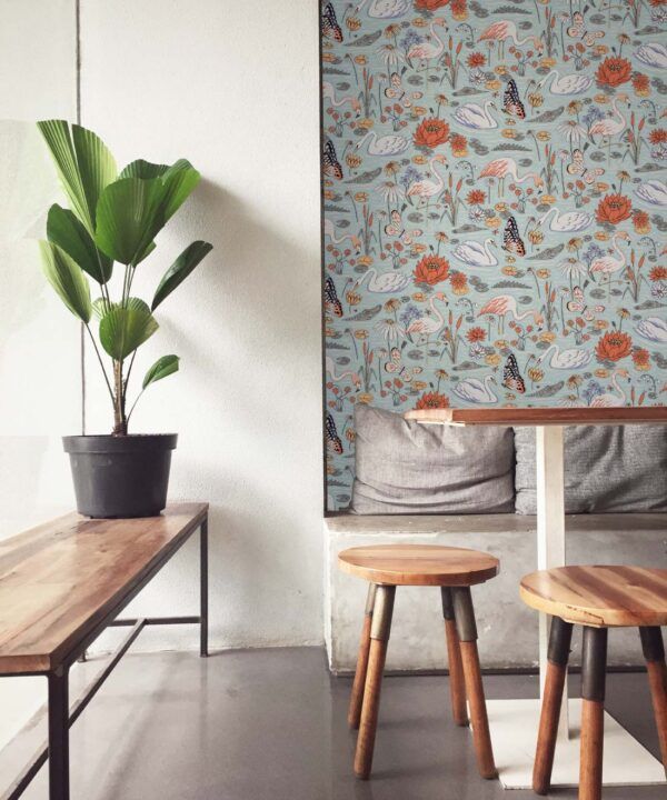 Pond Pattern Wallpaper featuring alligators, swans, flamingos and lily pads • Light • Insitu