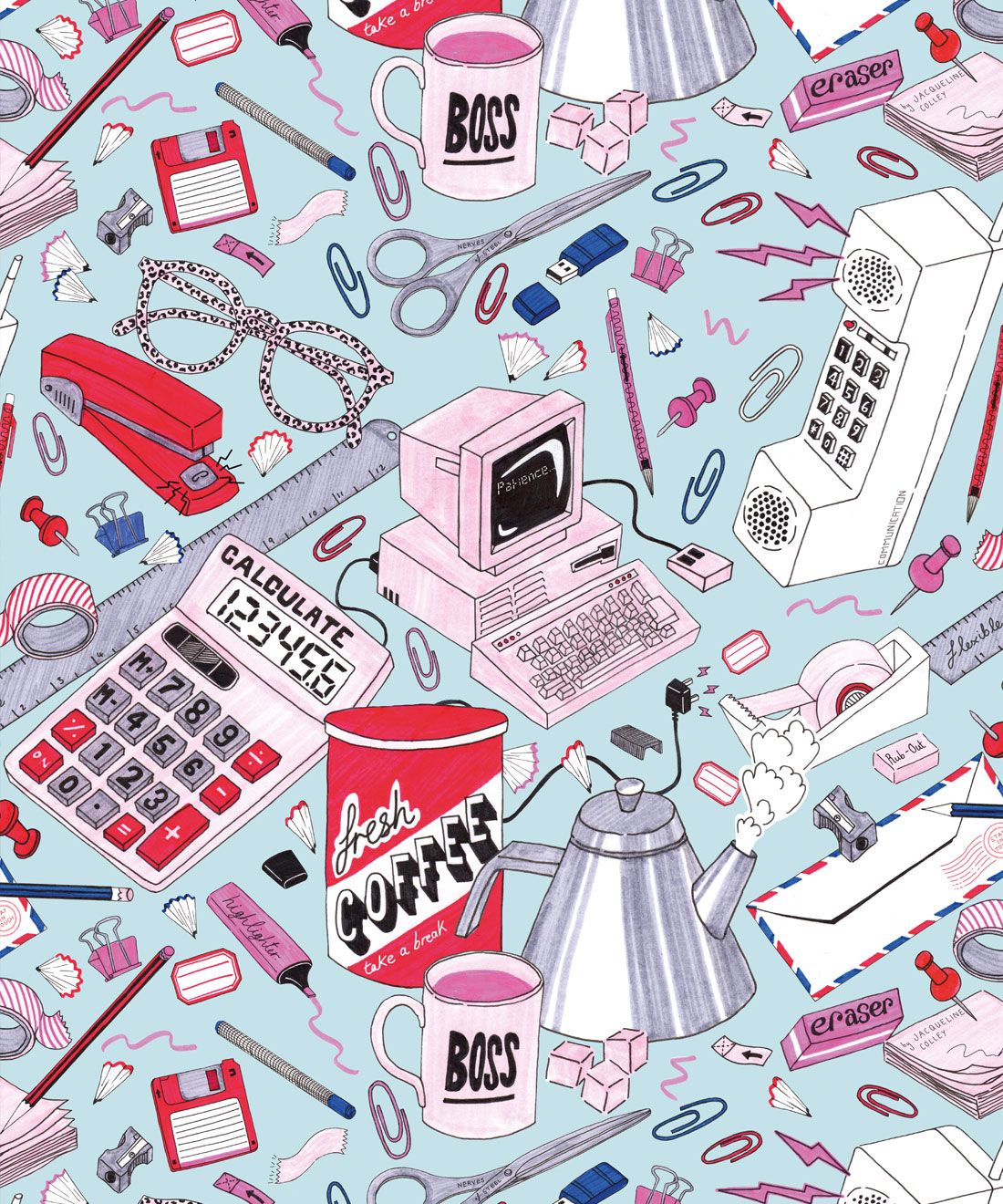 1980's Office Wallpaper featuring calculators, staplers, computers, phones on a messy desk • retro wallpaper