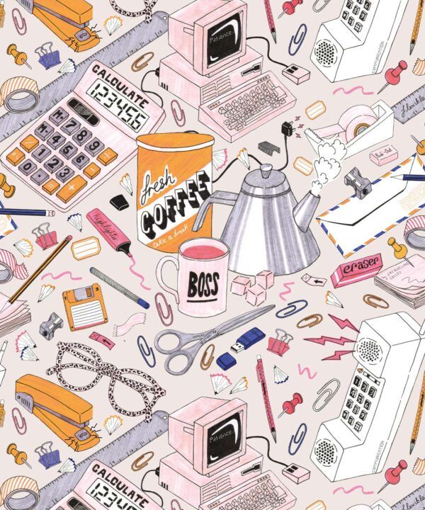 1980's Office Wallpaper featuring calculators, staplers, computers, phones on a messy desk • retro wallpaper • Swatch