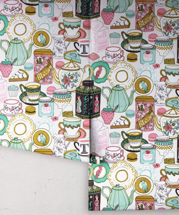 Tea Time Wallpaper • tea cups, tea pots, macaroons • milk and cream rolls