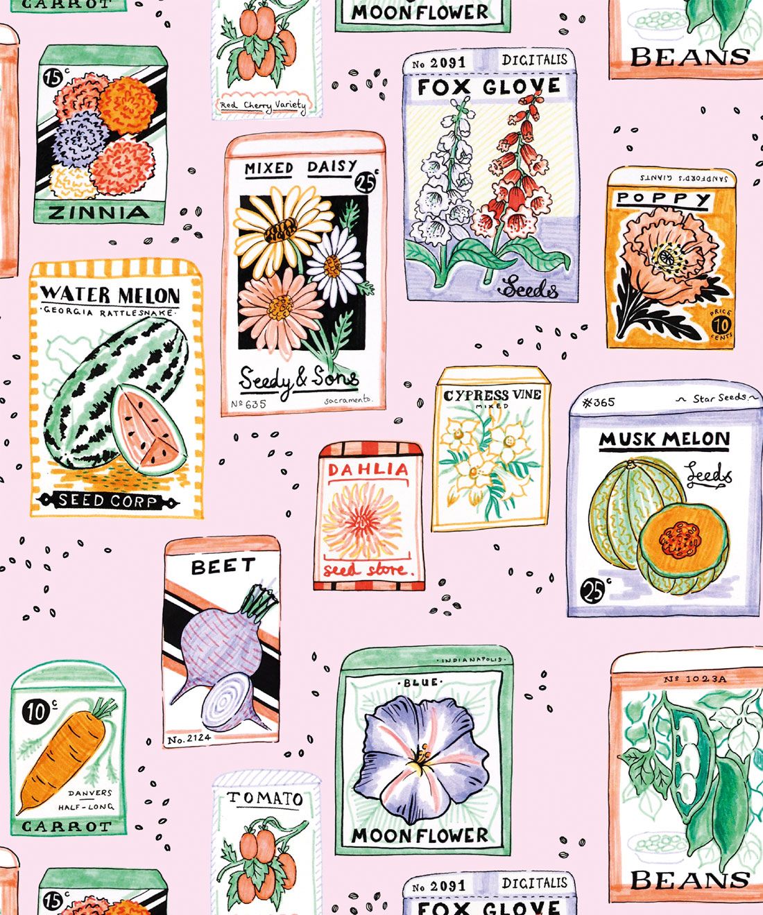 Seed Packets Wallpaper featuring watermelon, carrot, beet, beans, poppy, daisy swatch