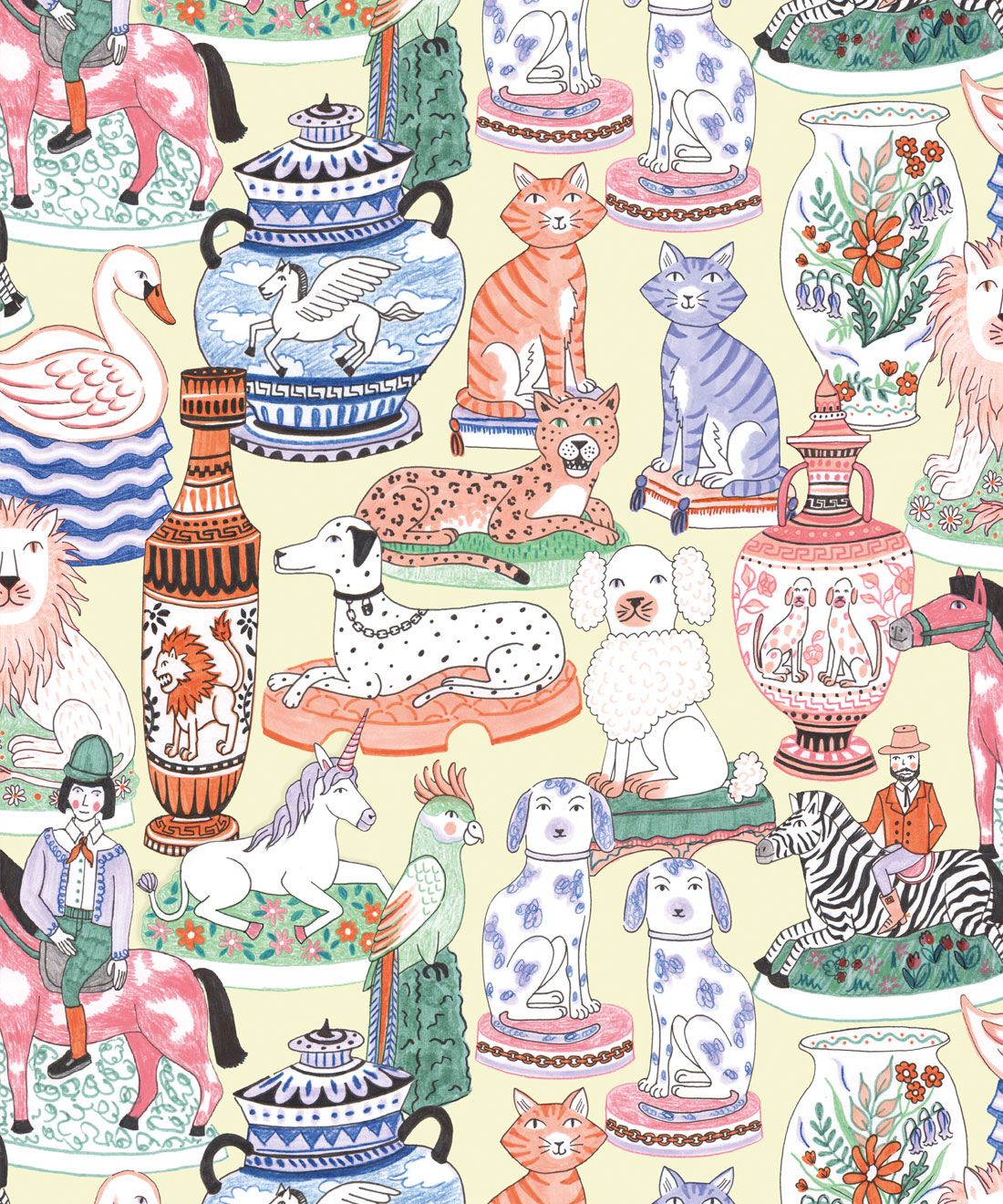 Ceramics Wallpaper featuring vases of dogs, cats, zebras, lions, parrots and unicorns swatch