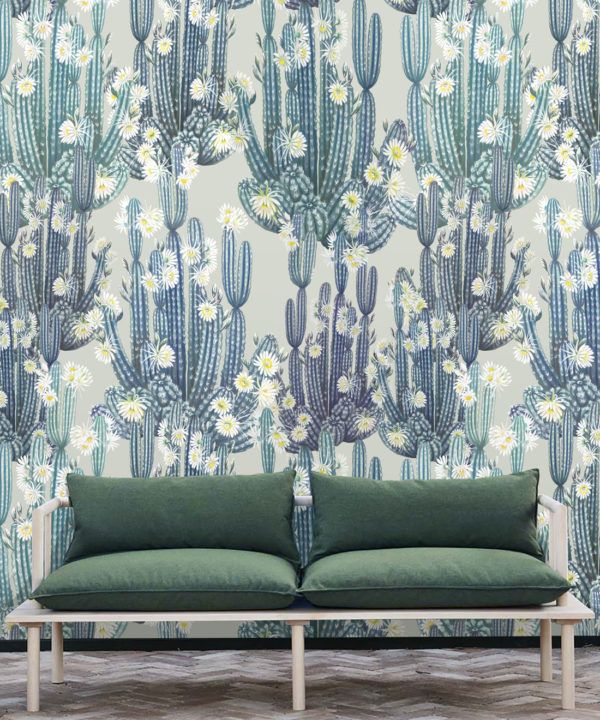 San Pedro Wallpaper Blue • Cactus Wallpaper • Succulents Wallpaper • Desert Wallpaper Insitu behind couch with green cushions