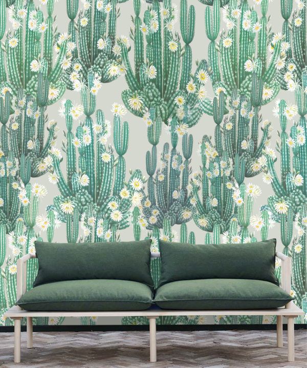 San Pedro Wallpaper Green • Cactus Wallpaper • Succulents Wallpaper • Desert Wallpaper Insitu behind sofa with green cushions